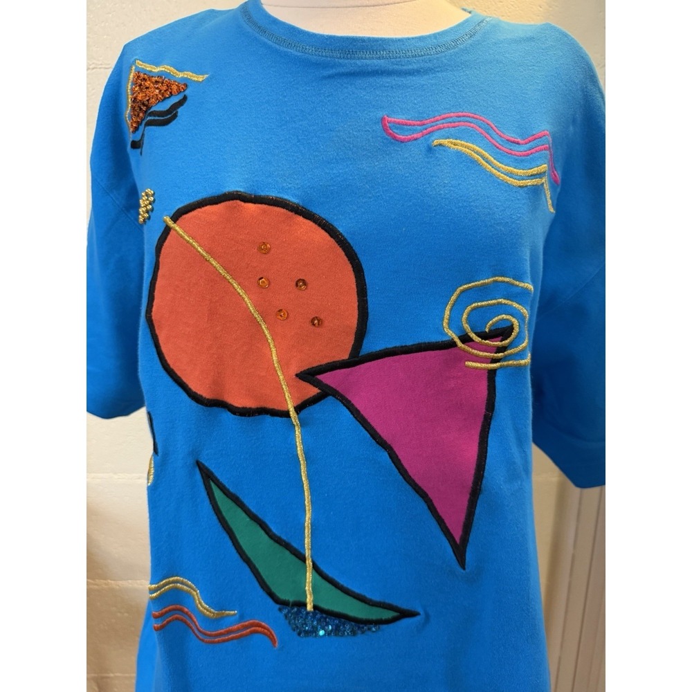 Regina Porter Vintage Top M Blue Abstract Sequin Beaded Art Shirt 80s 90s‎ - Picture 2 of 7